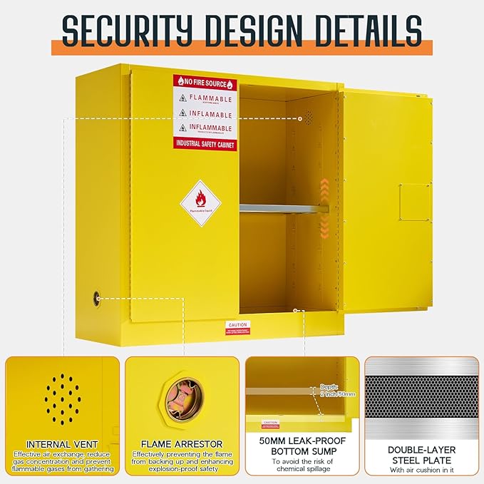 SPECRAFT 45 Gal Flammable Cabinet, 44x43x18 Inch, Cold-Rolled Steel, Adjustable Shelves, OSHA & CE Certified for Industrial, Commercial, Laboratory, and Institutional Use, Yellow