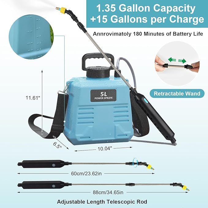 Battery Powered Sprayer 1.35 Gallon, Upgraded Electric Garden Sprayer with 3 Nozzles & 4 Spray Modes, Rechargeable Handle, Retractable Wand and Adjustable Shoulder Strap for Weed Killer, Yard, Blue