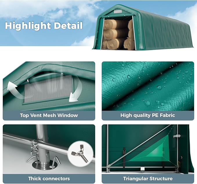 GREEN PARTY 11' x 28' Heavy Duty Carport, Portable Storage Shelter Shed Outdoor Carport with Roll-up Zipper Door & Vents, Storage Car Canopy Car Tent Garage for SUV, Truck and Boat, 200g PE Cover