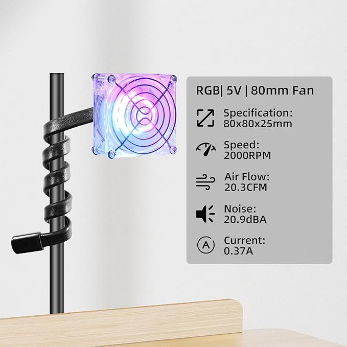3.15" 80mm Adjustable Gooseneck Mini Fan Low Noise 5V USB Vent Cooling Fan with LED Light for Small Plants Electronics Mic Arm Compact Ventilation