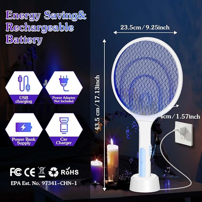 Qualirey 2 Pcs Electric Fly Swatter Racket 3000V 2 in 1 Bug Zapper Racket USB Rechargeable, Powerful Mosquitoes Trap Lamp and Fly Killer with 3 Layer Safety Mesh for Indoor Outdoor (White,Round)