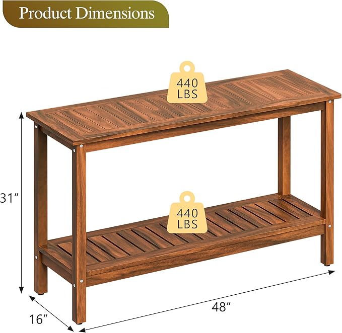 SUPER DEAL Patio Console Table, Outdoor Solid Wood Side Table Multifunctional Buffet Bar Storage Organizer with Foot Sliders, 48in 2-Shelf, Natural