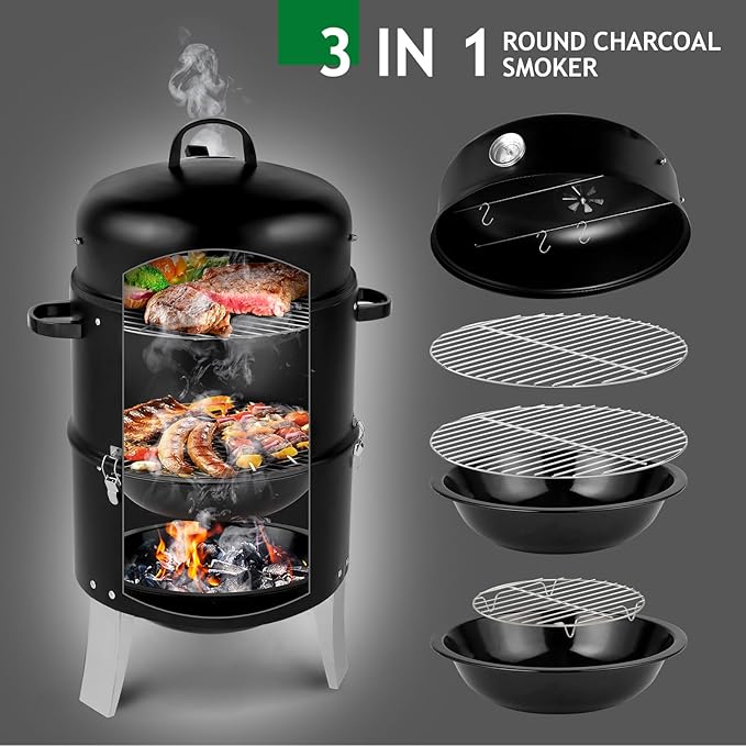 16.5 Inch BBQ Smoker Grill, 3-in-1 Vertical Charcoal Smoker, Portable Outdoor Meat Smokers with Built-In Thermometer, Air Vent, And 2 Access Doors, Idea for Parties, Backyard, Barbecues