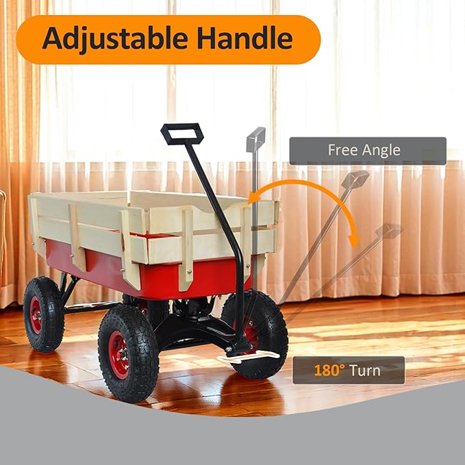 176 lb Kids Wagon Cart, 85L Large Capacity Durable Outdoor Tool Cart, Heavy Duty Cargo Wagon, Steel and Wooden Side with 10 Inch Inflatable Wheels, for Kids, Toys, Sport, Shopping (Red)