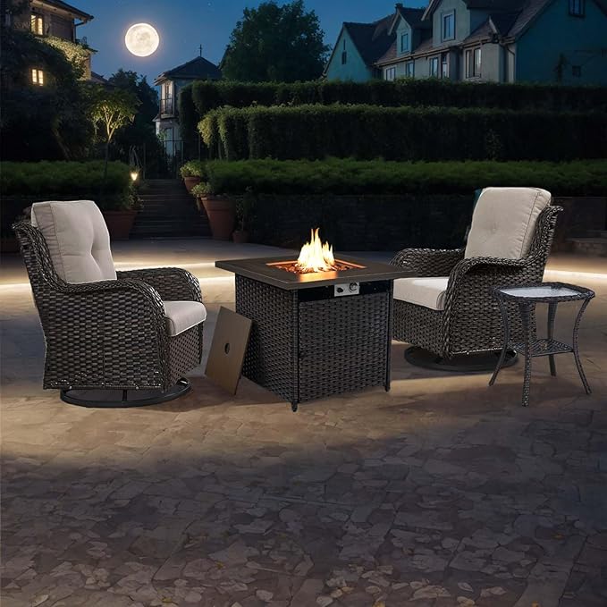 4 Pieces Patio Furniture Set with Fire Pit 50,000 BTU,Outdoor Swivel Rocker Chairs Set of 2 with PE Rattan Side Table,Wicker Outdoor Conversation Set with Rocking Chairs