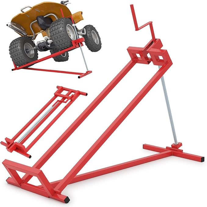 Goplus Lawn Mower Lift, 880LBS Folding Riding Mower Lift Jack with Adjustable Height, Manual Handle, Rotating Sleeve, Heavy Duty Lawn Tractor Lift, Zero Turn Mower Lift for Garden Farm, No Assembly