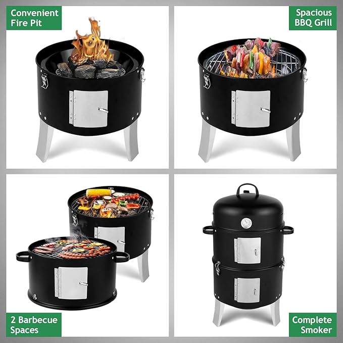 3-in-1 Vertical Charcoal Grill, Outdoor BBQ Charcoal Smoker with Built-in Thermometer, Air Vent, and 2 Access Doors, Perfect for Camping, Picnics, Backyard BBQs, and Tailgating Parties