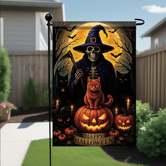 Halloween Garden Flag Witch Skeleton Cat Pumpkin Flag 12x18 Inch Double Sided Outdoor Yard Banner for Trick or Treat Haunted House Halloween Decoration Decor