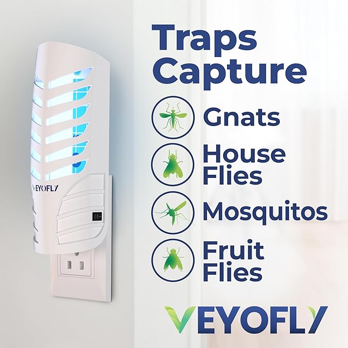 VEYOFLY Fruit Fly Trap Indoor (1 Device + 3 Refills), Gnat Catcher, Plug-in Light Insect Trap for House, Bug Killer