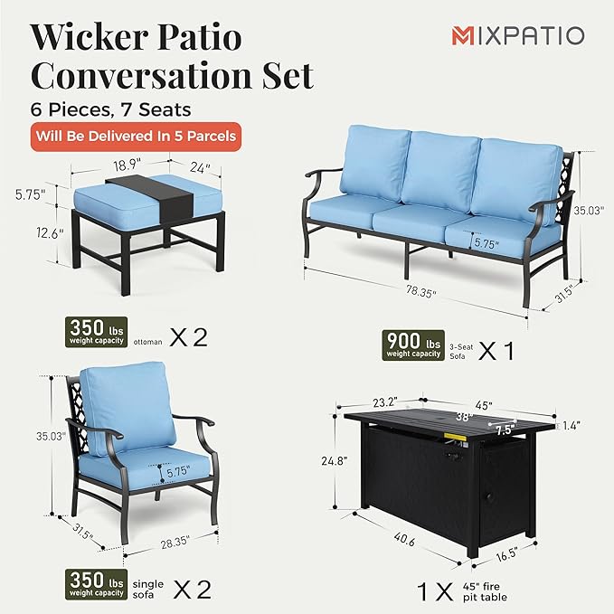 Patio Furniture Set, 6 Pcs Metal Outdoor Conversation Set, 2 Single Chairs, 2 Ottomans and 3 Seater Sofa with 5.75" Extra Thick Cushion and Gas Fire Pit Table, Blue