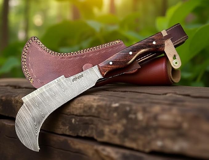 Hand Forged Damascus Steel Billhook Machete Knife – Heavy Duty Sickle Garden Tool for Cutting Trees, Yard Work, Weeding, and Camping – Survival Machete with Leather Sheath and Belt Loop