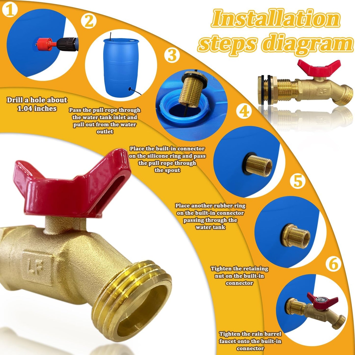 Brass Water Container Rain Barrel Faucets Lead-Free Spigot Kit 3/4" GHT Brass Rain Barrel Quarter Turn Ball Valve Spigot with Bulkhead Fitting Suitable for Garden Hose Thread Connection