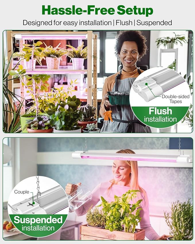 Sunco 8 Pack 2ft Grow Light LED, 20W, Full Spectrum, for Seed Starting, Seedling, Indoor Plants, Plug in Suspended Fixture, Link Up to 8, Inline Switch, ETL