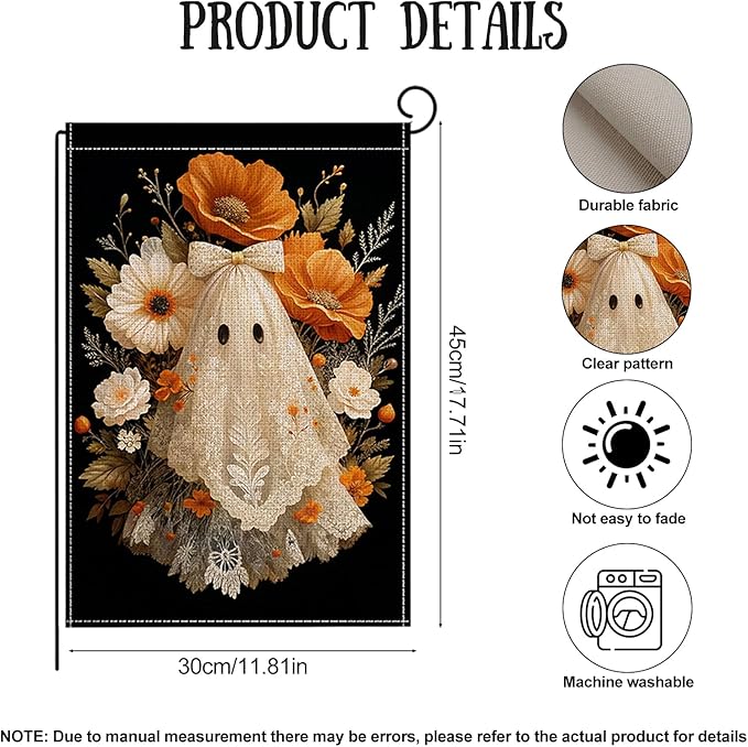 Halloween Garden Flag 12 x 18 Inch Double Sided Ghost Flower Bow Designs Fall Autumn Burlap Yard Flag for Outside Rustic Yard Outdoor Holiday Home Decoration