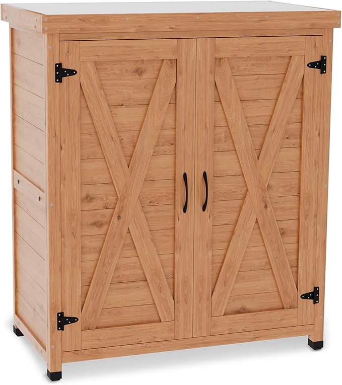 Outdoor Storage Cabinet Garden Potting Bench Table with Metal Tabletop, Solid Wood Planting Work Bench Table for Backyard Patio Lawn, 31×18×36" (Wood)