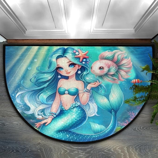 cfpolar Half Round Door Mat, Cute Mermaid Semi Circle Area Rug, Non Slip Area Rug Soft Doormat for Front Door Indoor Entrance Wear Half Moon Rug for Kitchen Bedroom Patio Fireplace 24 x 36 in