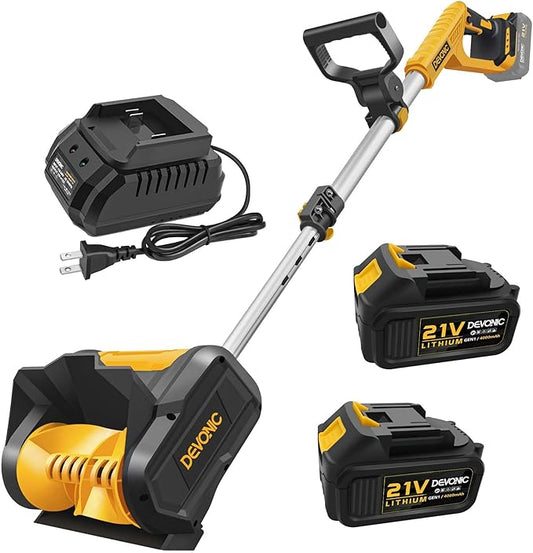 DEVONIC Cordless Snow Shovel,21 Volt 13 Inch 4-Ah Snow Thrower,Snow Blower with Adjustable Front Handle&Telescopic Pole and 2 Batteries.Width 6". Depth,12",16.8FT Throw Distance