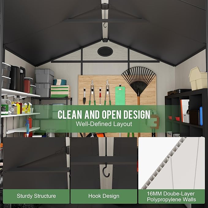 8' x 8' Outdoor Resin Storage Shed with Floor,Galvanized Metal Waterproof Garden Shed with Lockable Door, Windows, Vents, Plastic Tool, Bike Storage for Patio Furniture, Lawn Mower