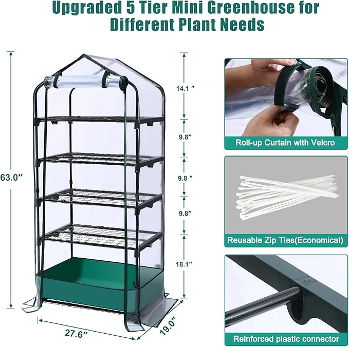 5 Tier Mini Greenhouse for Indoor Outdoor, Portable Green House with Durable PVC Cover and Shelves for Seedling, Heavy Duty Greenhouse with Waterproof Mat and Cover Tape, Gardening Gifts for Women Men