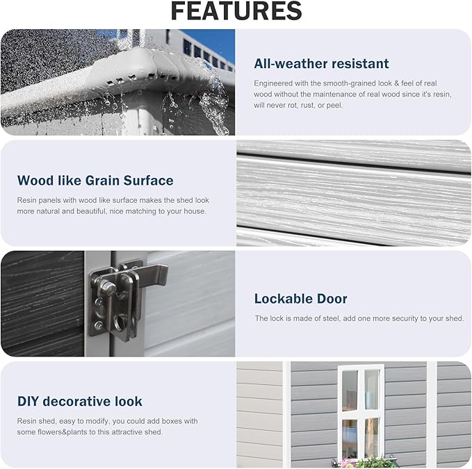 8x4 FT Resin Storage Shed with Floor Window for Outdoor Garden Waterproof Plastic Sheds Kit for Backyard Tool Storage, Gray
