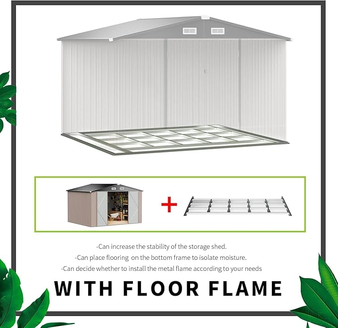 Aoxun 9.4x7.3x6.5 FT Outdoor Metal Storage Shed with Lockable Door- Ideal for Tools, Garden Equipment & Bikes, Includes Base, Perfect for Patio Placement