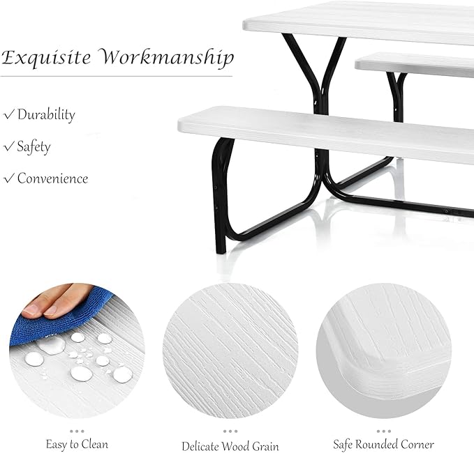 Giantex Picnic Table Bench Set Outdoor Camping All Weather Metal Base Wood-Like Texture Backyard Poolside Dining Party Garden Patio Lawn Deck Large Camping Picnic Tables for Adult (White)