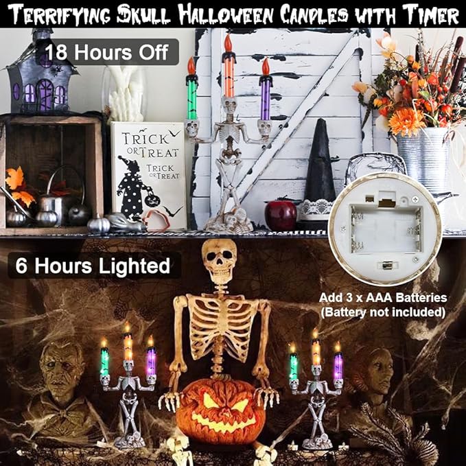 MEETYAMOR 2 Pcs Skull Halloween Candelabra Decorations Indoor, Halloween Candles Holder with LED Lights for Scary Haunted House Mansion Decor, Battery Operated Timer Candlesticks for Table Home Party