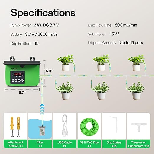 VIVOSUN Solar Automatic Drip Irrigation Kits with Timer, 3W Output, Solar Powered Auto Drip Irrigation System, 15 Pots Garden Plant Watering System, Plant Waterer Indoor Outdoor