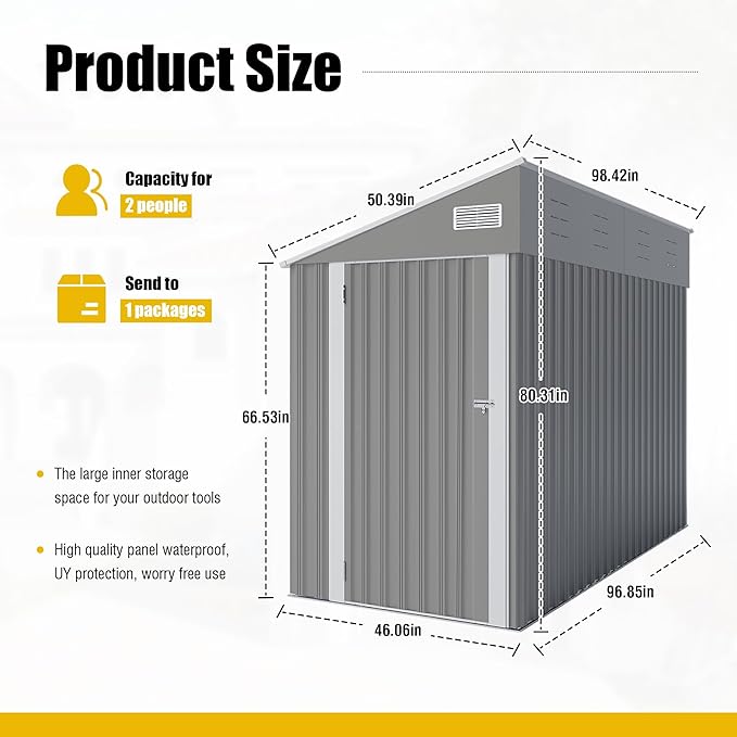4×8 FT Outdoor Metal Storage Shed,Heavy-Duty Lean to Storage Shed with Lockable Single Side Hinge Door,Waterproof Metal Storage Tool House W/Sloping Roof,Air Vent&Protect Film,for Backyard,Gray