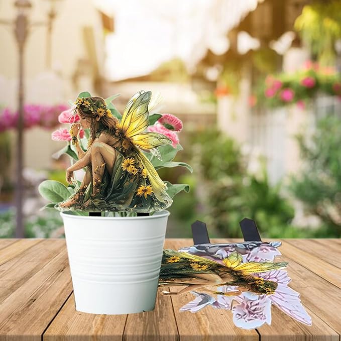 Fairy Garden Stake Decor, 2D Flat Acrylic Fairy Garden Decor Panel, Elf Yard Sign for Outdoor Indoor Yard Lawn Plants Pots, Fairy Yard Accessories (Green Fairy)