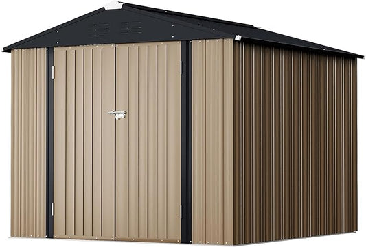 GUNJI 8 x 6 FT Shed Outdoor Storage Shed Metal Garden Shed with Lockable Door Outside Waterproof Tool Shed for Backyard, Patio, Lawn (Brown)