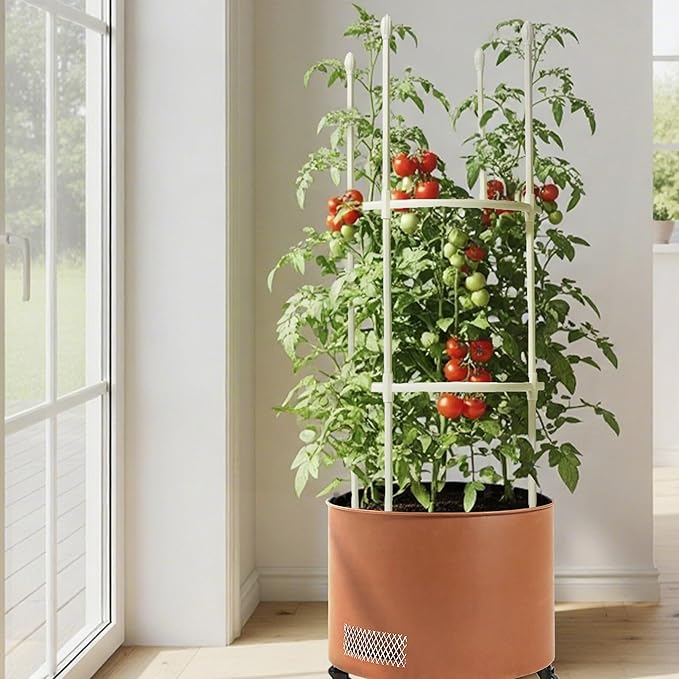 Corten Steel Planter Box with Trellis, 17” Round Patio Gardening Kit (45" Height) - Wheeled Metal Raised Bed for Tomatoes/Vines, Built-in Drainage & Weatherproof Cover