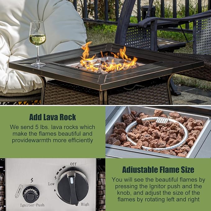 28 inch Wicker Propane Fire Pit Table,Gas Fire Pits Table for Outside,50000 BTU Propane Firepit with Lid &Lava Rocks,Gas Firepit for Garden,Yard (Brown Rattan)
