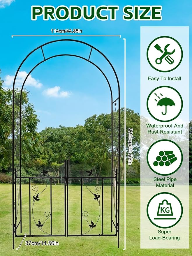 Kalolary Garden Arch with Gate, Heavy Duty Metal Butterfly Garden Arbor for Climbing Plant Metal Raised Bed Rose Vines Climbing Support for Lawn Backyard Patio Outdoor Decoration (91"x45"x15")