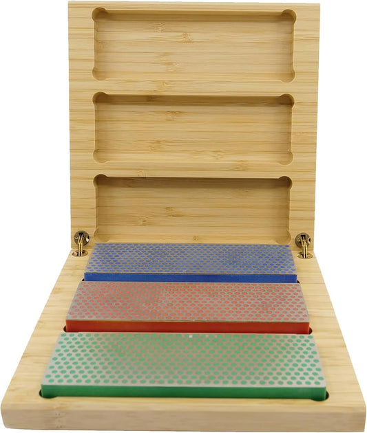 DMT W6EFC Deluxe Diamond Whetstone Knife Sharpening Kit with Wood Box, Set of 3 Sharpening Stones, 6" x 2"