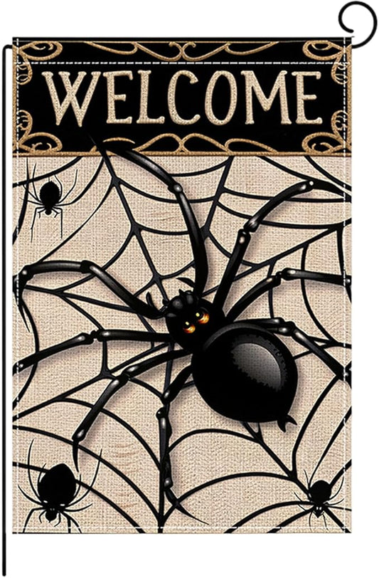Halloween Garden Flag 12 x 18 Inch Double Sided Spider Web Designs Fall Autumn Burlap Yard Flag for Outside Rustic Yard Outdoor Holiday Home Decoration