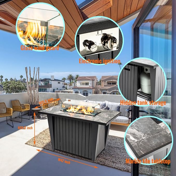 42'' Propane Fire Pit Table, Marble Tile Ceramic Tabletop with Glass Wind Guard, 50,000 BTU Fire Table, Inclined Leg and Art Powder Design, Blue Glass Rocks, Including Lid&Cover