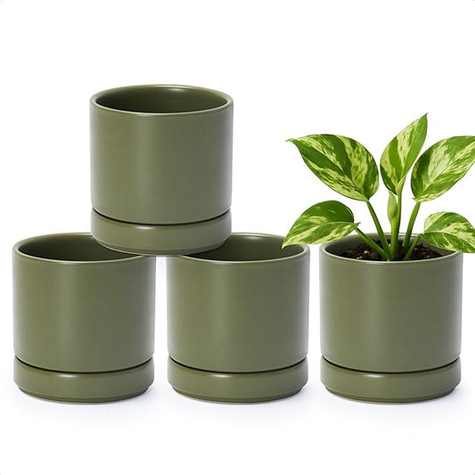 D'vine Dev Set of 4 Small Ceramic Plant Pots, 4.7 Inch Succulent Planter Pot for Plants with Drainage Hole and Saucer, Olive, 94-X-B-0