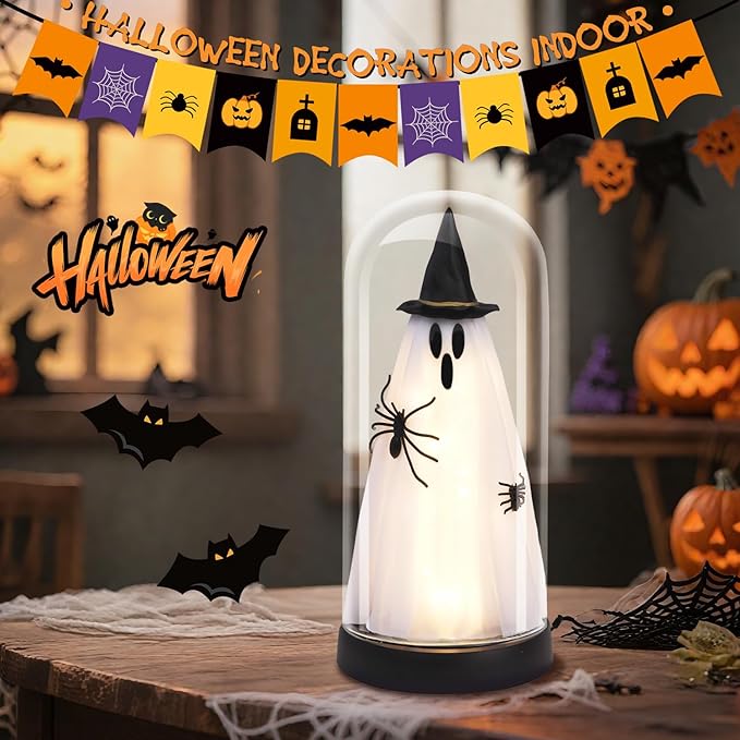 Halloween Decor-Halloween Decorations Indoor-Light Up Ghost in Glass Cloche-Cute Ghost with Light for Home Kitchen Mantel Tabletop Party Decor