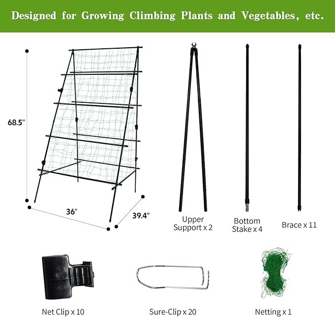 Cucumber Trellis 69.8" H x 36" W, A Frame Garden Trellis for Raised Bed Climbing Plants Metal+PE Coated Grow Support for Vines, Vegetables