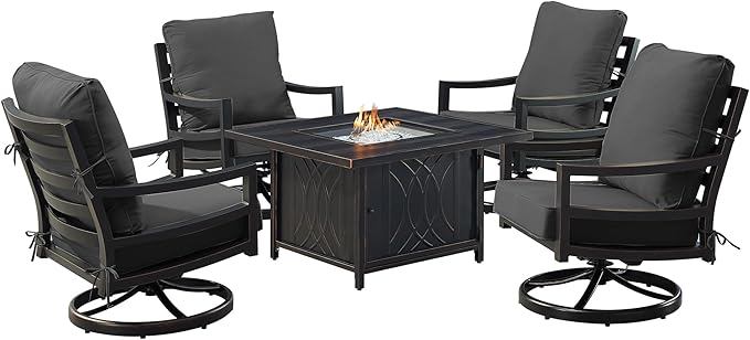Oakland Living Black Aluminum Patio Fire Table Set with Four Club Chairs with Black Cushions
