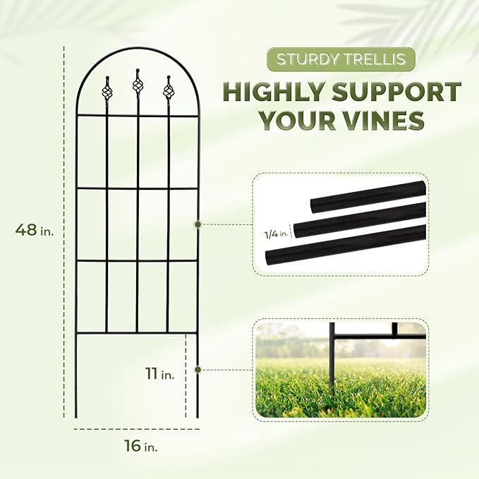 Idzo Decorative Metal Trellis for Climbing Plants Outdoor, Anti-Corrosion Powder Coated Garden Trellis, Sturdy Long Spikes, 48 Inch