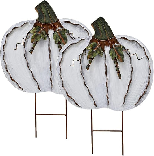 Morning View Pumpkin Garden Stakes Metal Yard Sign Fall Decor Outdoor Autumn Yard Stake Art Pumpkin Lawn Ornaments for Patio Porch Thanksgiving Halloween Harvest 17.5 Inches Tall Set of 2 (White)