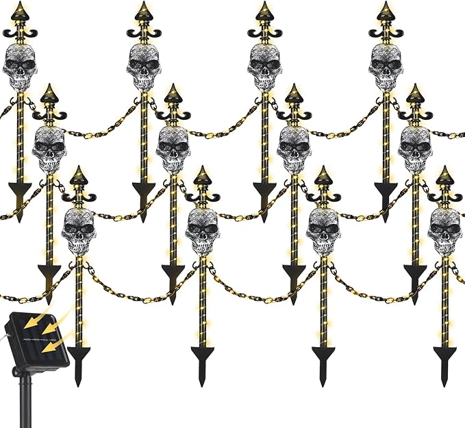 13 Set of Halloween Skull Garden Fence with Solar Light Graveyard Decor Light up Halloween Skull Lawn Stakes Pathway Decor with Connecting Chain for Outdoor Holiday Yard Decoration