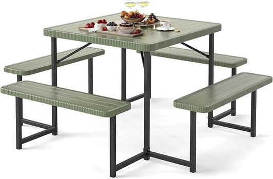 Giantex Picnic Table Bench Set for 4-8 People, 34" Outdoor Square Dining Table & 2 Benches w/Umbrella Hole, HDPE Tabletop, Metal Frame, Patio Camping Furniture for Backyard Porch Lawn (Green,Square)