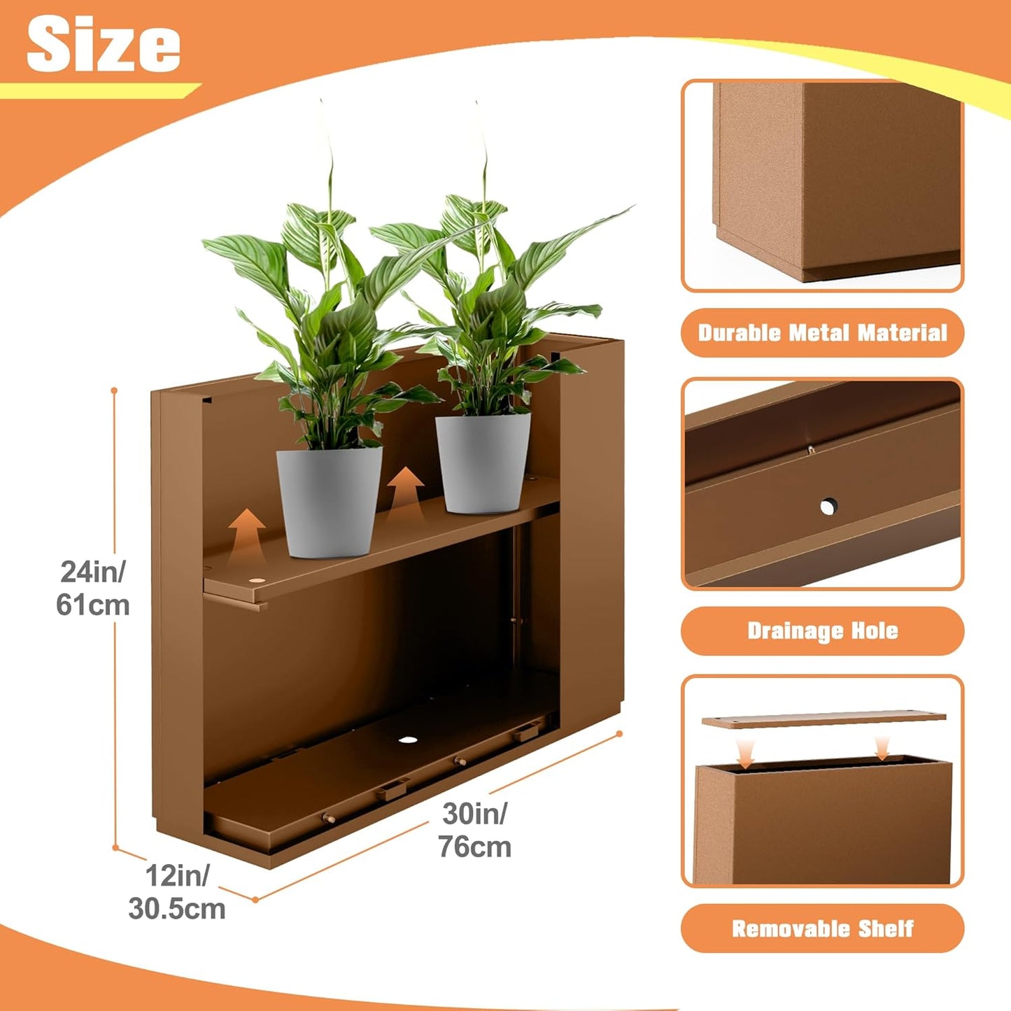 Rectangle Planter for Indoor & Outdoor, Tall and Long Planter Boxes with Drainage Holes, Mental Divider Planter Box All-Weather Use for Plants, Flowers, 29.9" L x 12" W x 24" H, Brown