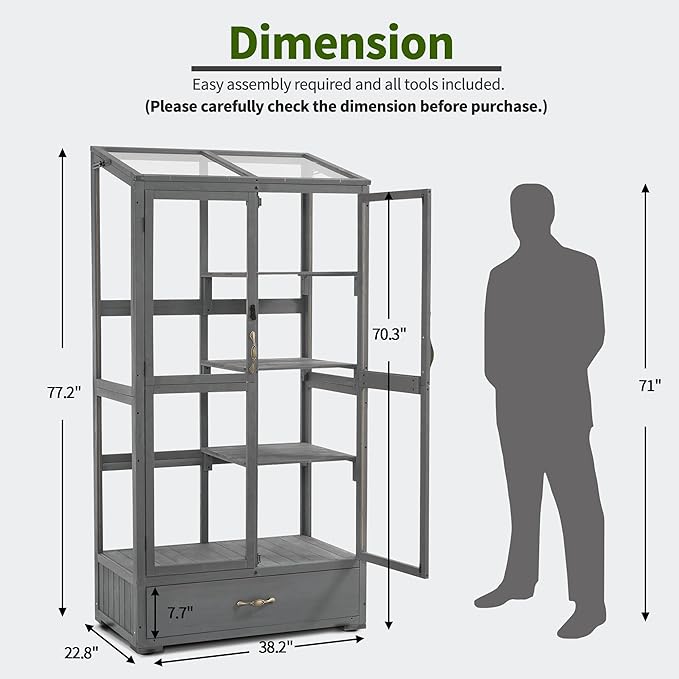 Macrout Cold Frame Greenhouse, Tall Wooden Greenhouse for Outdoor Indoor Use with Polycarbonate Panels, 3 Tier Garden Cold Frame with Drawer and Shelves, 0864 (Dark Grey)
