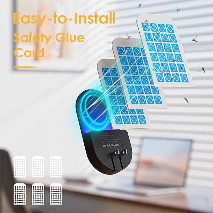 Flying Insect Trap, 2 in 1 Indoor Plug-in Fruit Fly Trap, 1 Trap Black and 6Glue Cards, Fruit Fly Traps for Gnat, Moth, Mosquito, Suitable for Every Part of The Home