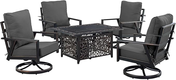 Oakland Living Black Aluminum Patio Fire Table Set with Four Club Chairs with Black Cushions