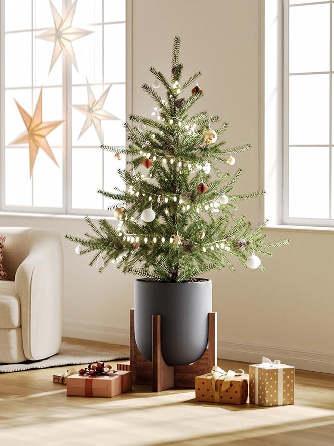 LE TAUCI 12 Inch Planter with Acacia Wood Stand, Ceramic Large Plant Pot for Indoor Plants, Cylinder Pots with Drainage Hole and Plug, Charcoal Gray